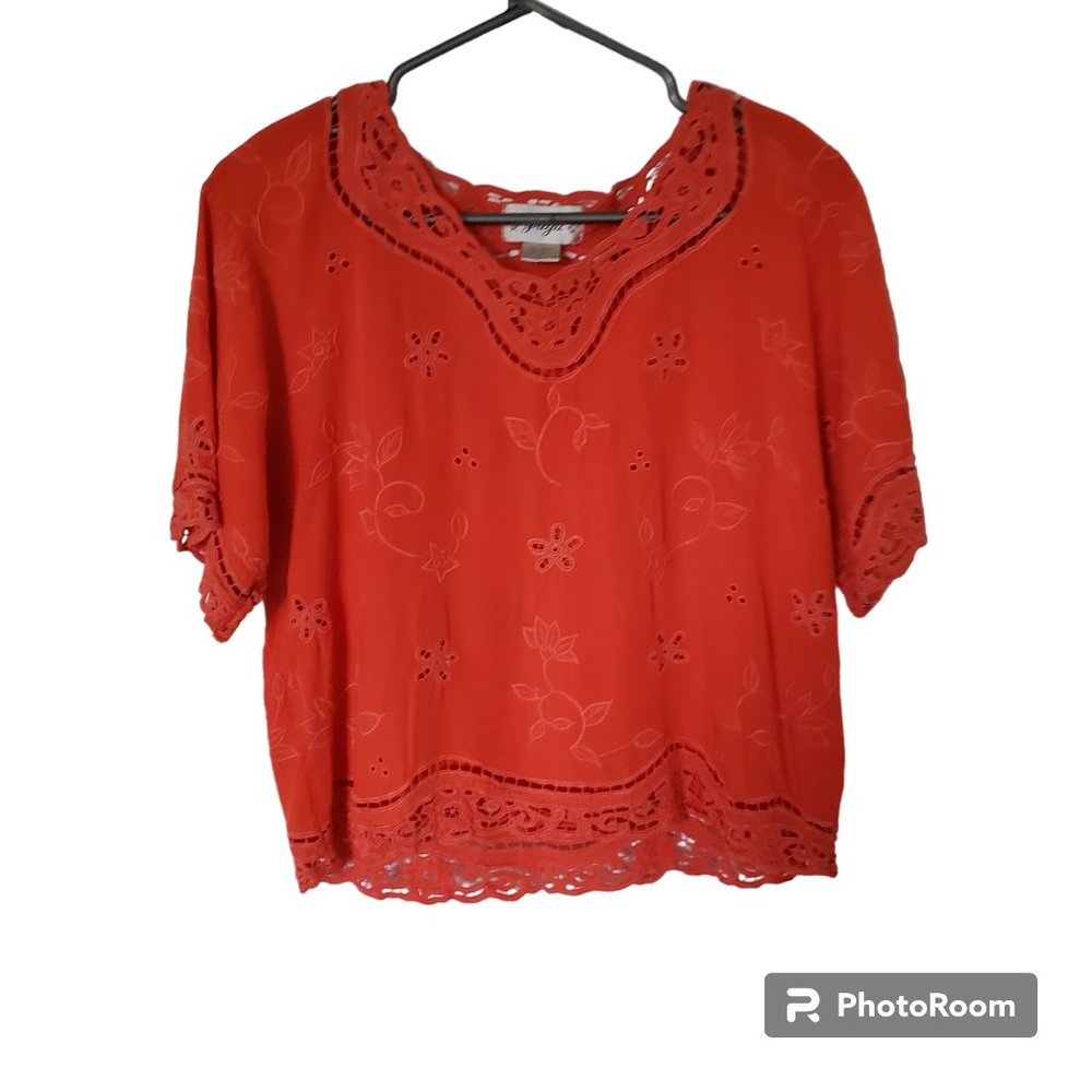 Yaya Rayon Orange Top Crochet Trim Medium